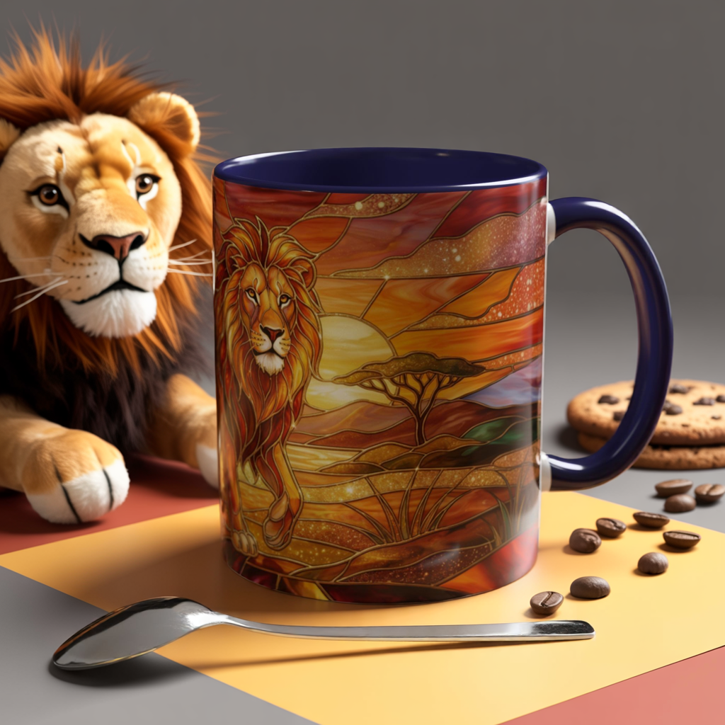 Stained Glass Lion Mug, Majestic Lion Coffee Cup, African Sunset Art Mug, Safari Wildlife Gift, Colorful Lion Lover Ceramic Mug