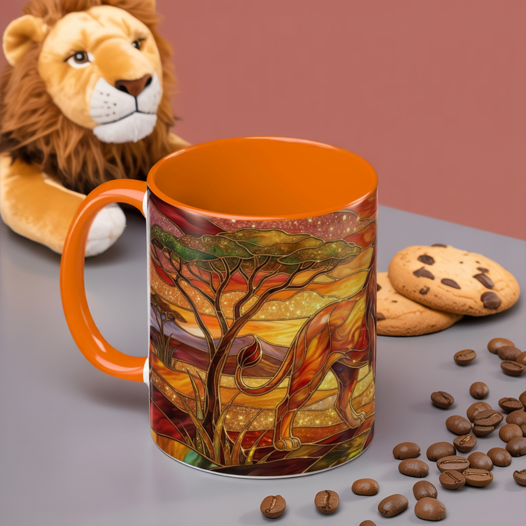Stained Glass Lion Mug, Majestic Lion Coffee Cup, African Sunset Art Mug, Safari Wildlife Gift, Colorful Lion Lover Ceramic Mug