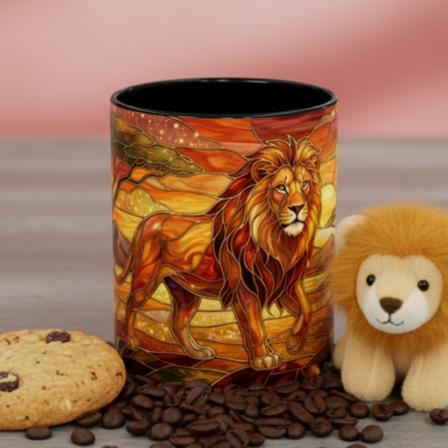Stained Glass Lion Mug, Majestic Lion Coffee Cup, African Sunset Art Mug, Safari Wildlife Gift, Colorful Lion Lover Ceramic Mug