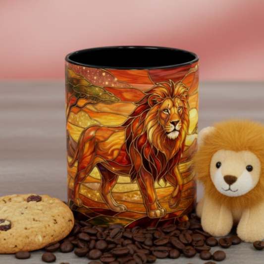 Stained Glass Lion Mug, Majestic Lion Coffee Cup, African Sunset Art Mug, Safari Wildlife Gift, Colorful Lion Lover Ceramic Mug