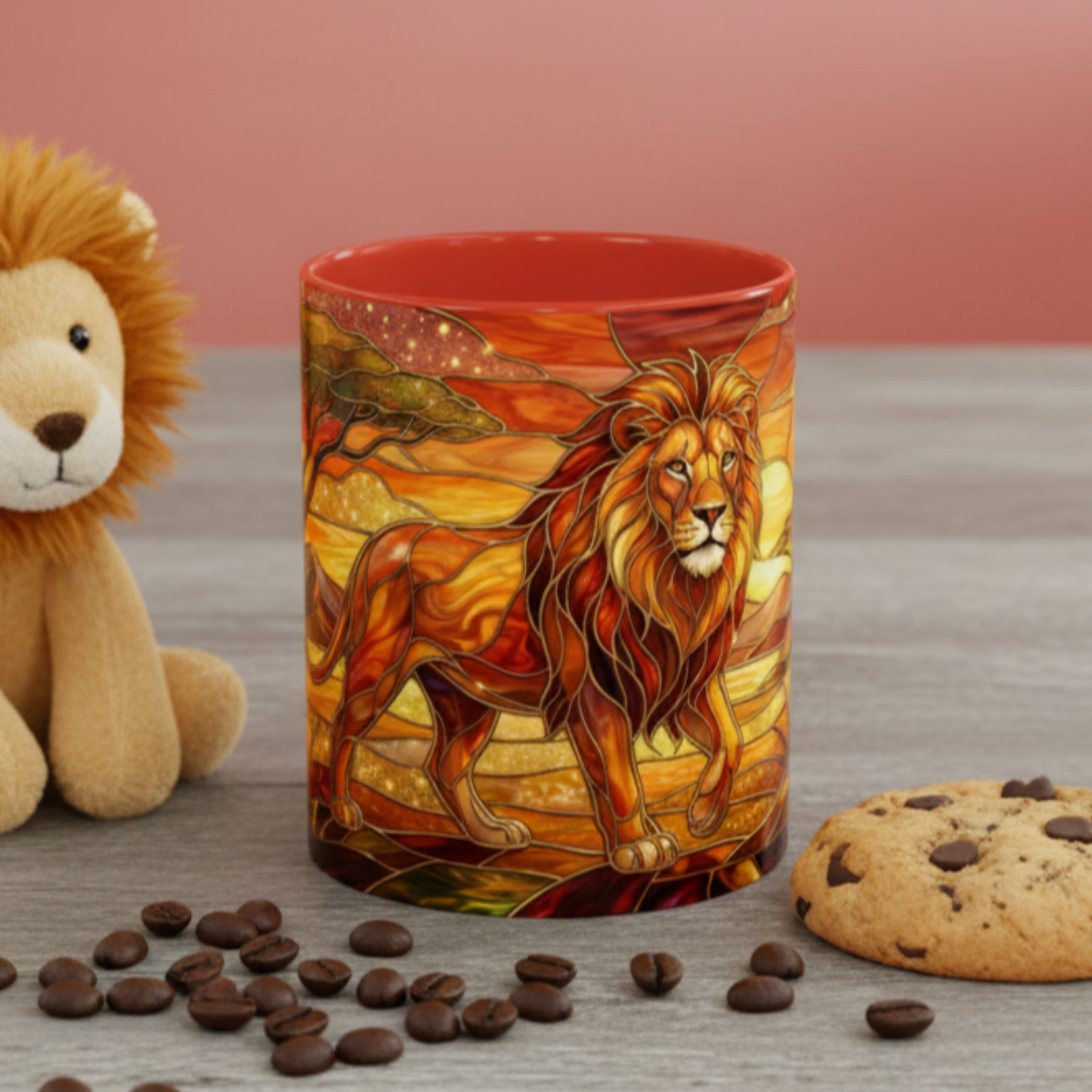 Stained Glass Lion Mug, Majestic Lion Coffee Cup, African Sunset Art Mug, Safari Wildlife Gift, Colorful Lion Lover Ceramic Mug