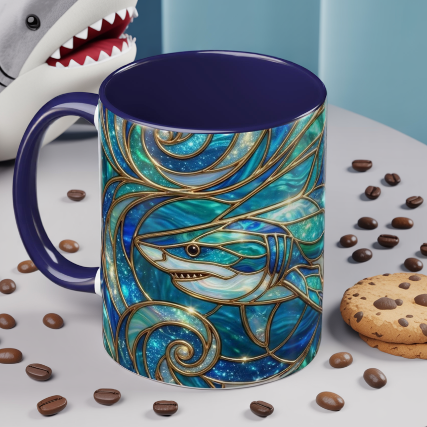 Stained Glass Shark Mug, Ocean Art Coffee Cup, Blue Shark Gift, Sea Life Ceramic Mug, Artistic Shark Design, Marine Lover Gift, Unique Ocean Mug