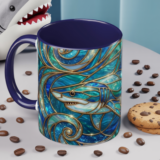 Stained Glass Shark Mug, Ocean Art Coffee Cup, Blue Shark Gift, Sea Life Ceramic Mug, Artistic Shark Design, Marine Lover Gift, Unique Ocean Mug