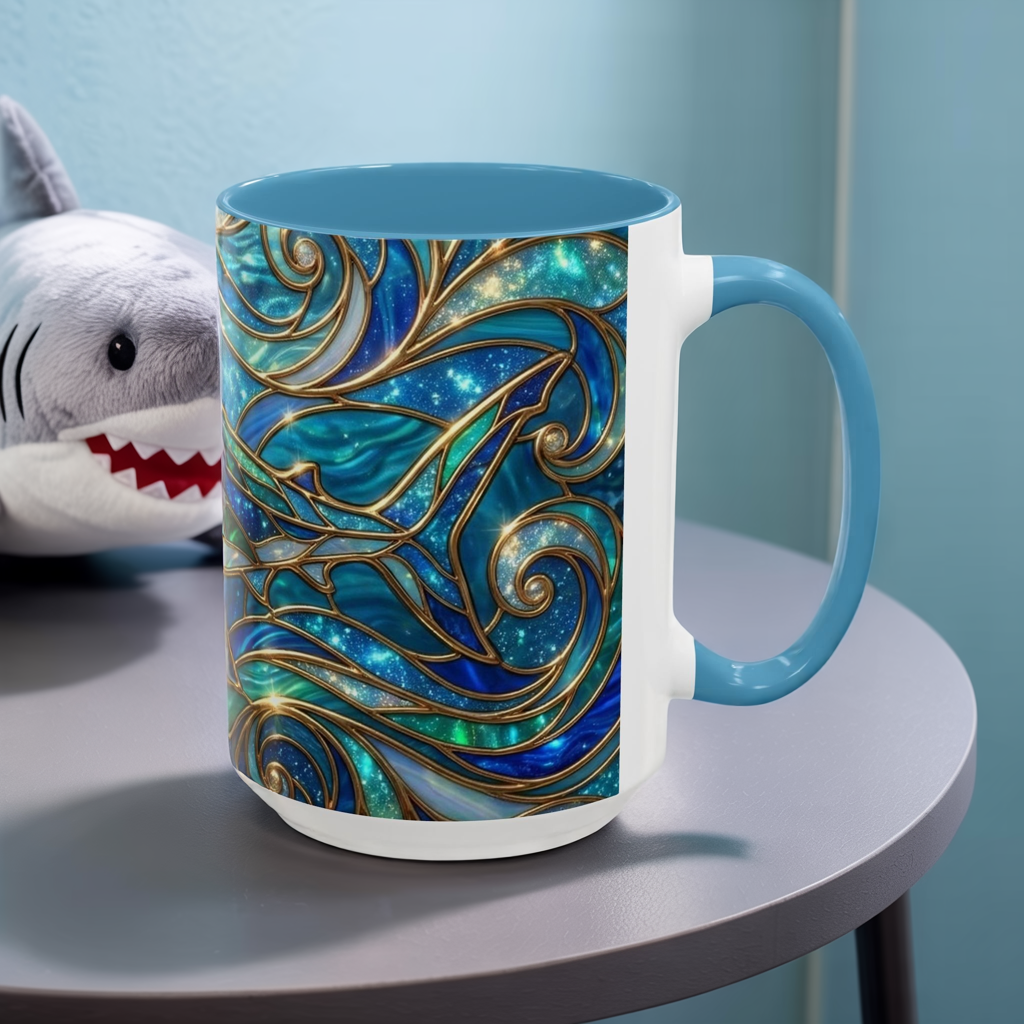 Stained Glass Shark Mug, Ocean Art Coffee Cup, Blue Shark Gift, Sea Life Ceramic Mug, Artistic Shark Design, Marine Lover Gift, Unique Ocean Mug