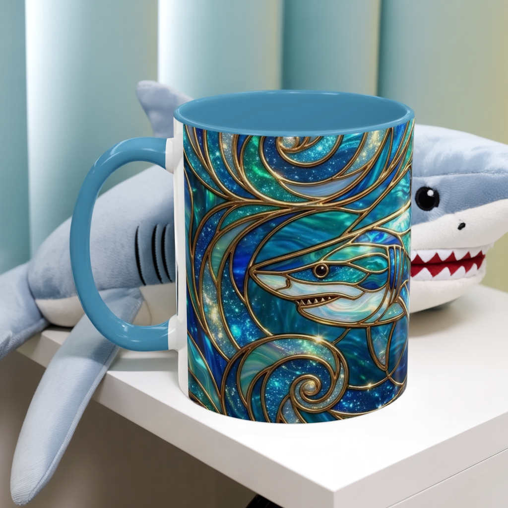 Stained Glass Shark Mug, Ocean Art Coffee Cup, Blue Shark Gift, Sea Life Ceramic Mug, Artistic Shark Design, Marine Lover Gift, Unique Ocean Mug