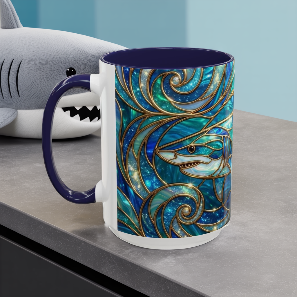 Stained Glass Shark Mug, Ocean Art Coffee Cup, Blue Shark Gift, Sea Life Ceramic Mug, Artistic Shark Design, Marine Lover Gift, Unique Ocean Mug