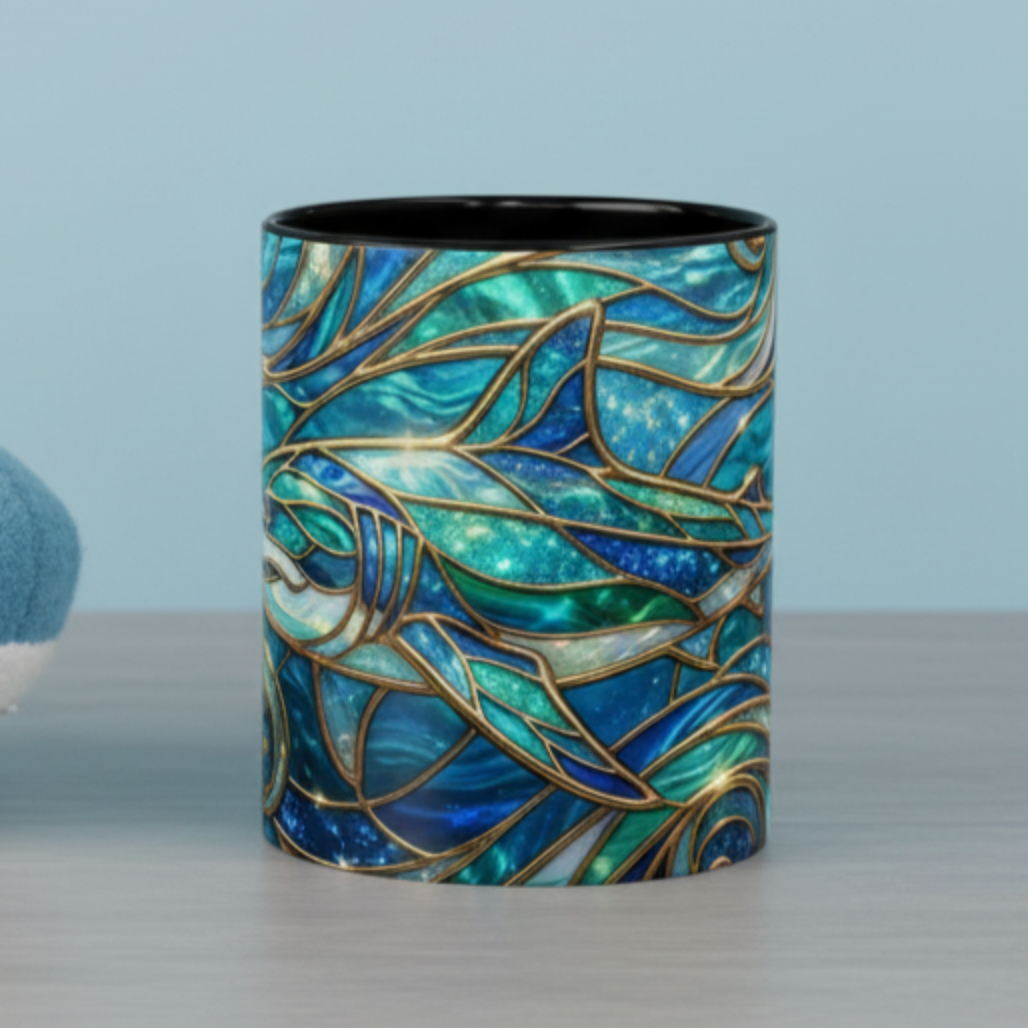 Stained Glass Shark Mug, Ocean Art Coffee Cup, Blue Shark Gift, Sea Life Ceramic Mug, Artistic Shark Design, Marine Lover Gift, Unique Ocean Mug