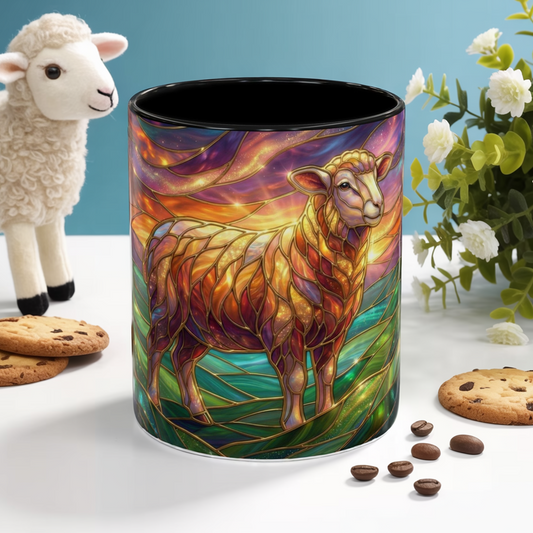 Stained Glass Lamb Mug, Colorful Sheep Coffee Cup, Cottagecore Lamb Art, Sunrise Farm Animal Mug, Unique Lamb Lover Gift, Artistic Pastel Farm Mug