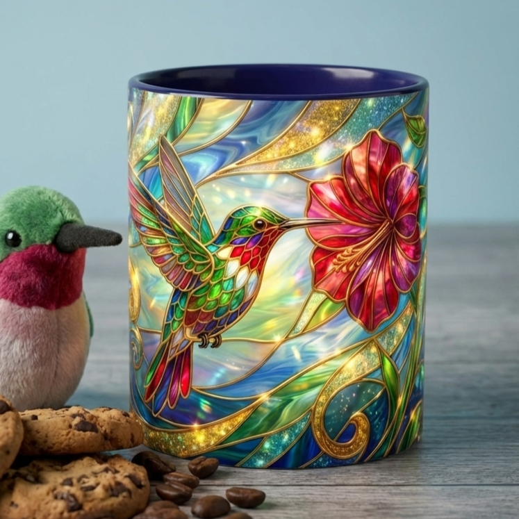 Stained Glass Hummingbird Mug, Colorful Floral Coffee Cup, Bird And Flower Art Mug, Nature Lover Gift, Artistic Garden Mug, Unique Gift