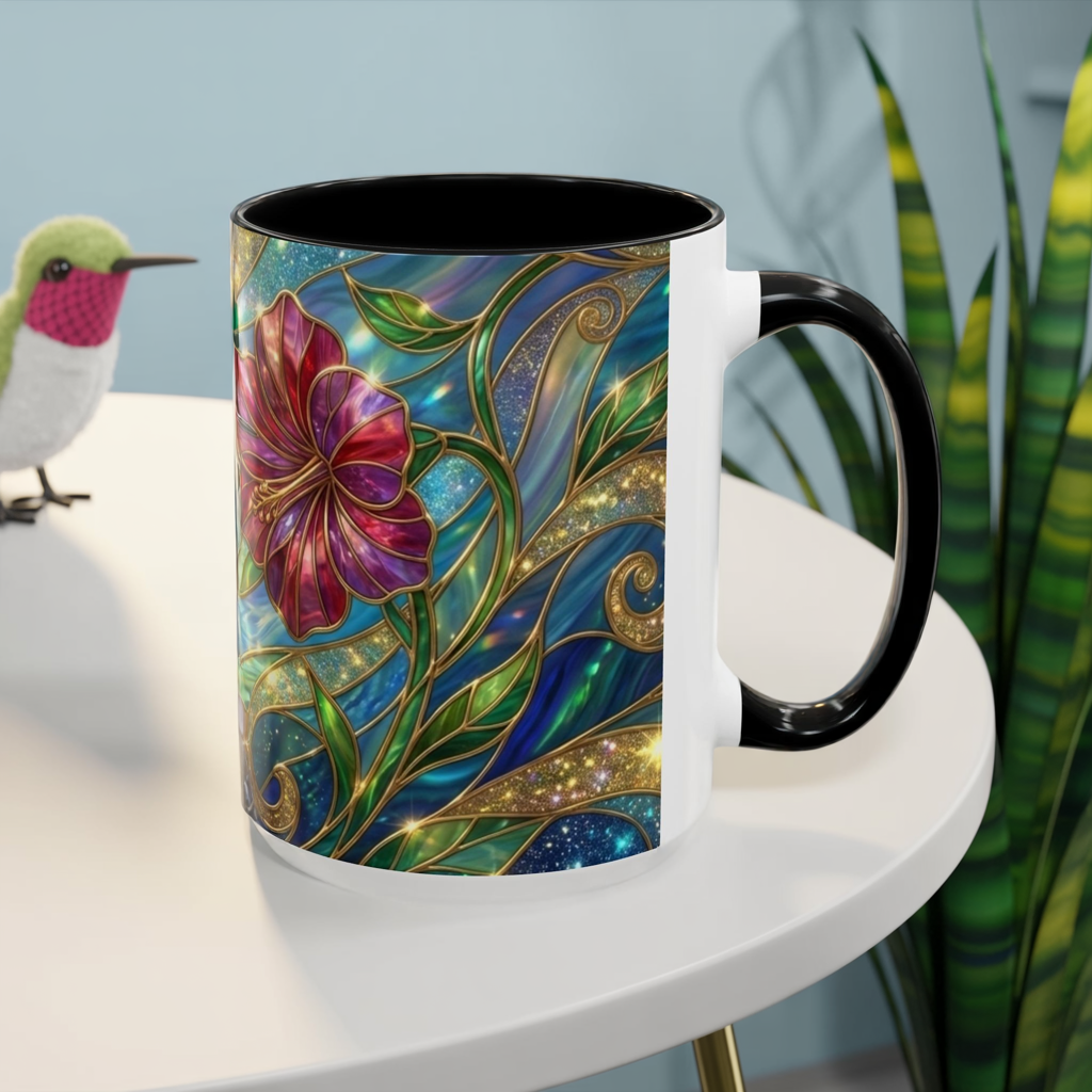 Stained Glass Hummingbird Mug, Colorful Floral Coffee Cup, Bird And Flower Art Mug, Nature Lover Gift, Artistic Garden Mug, Unique Gift