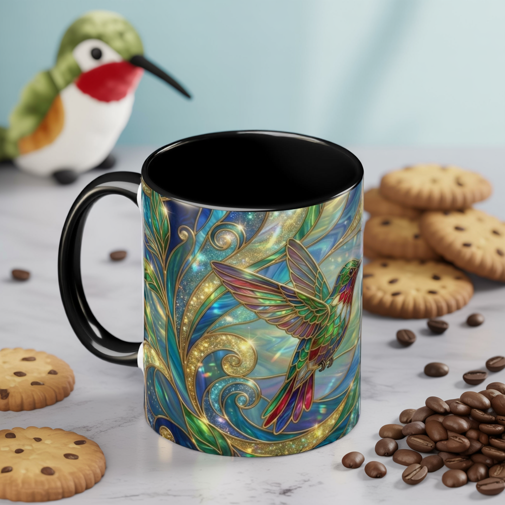 Stained Glass Hummingbird Mug, Colorful Floral Coffee Cup, Bird And Flower Art Mug, Nature Lover Gift, Artistic Garden Mug, Unique Gift