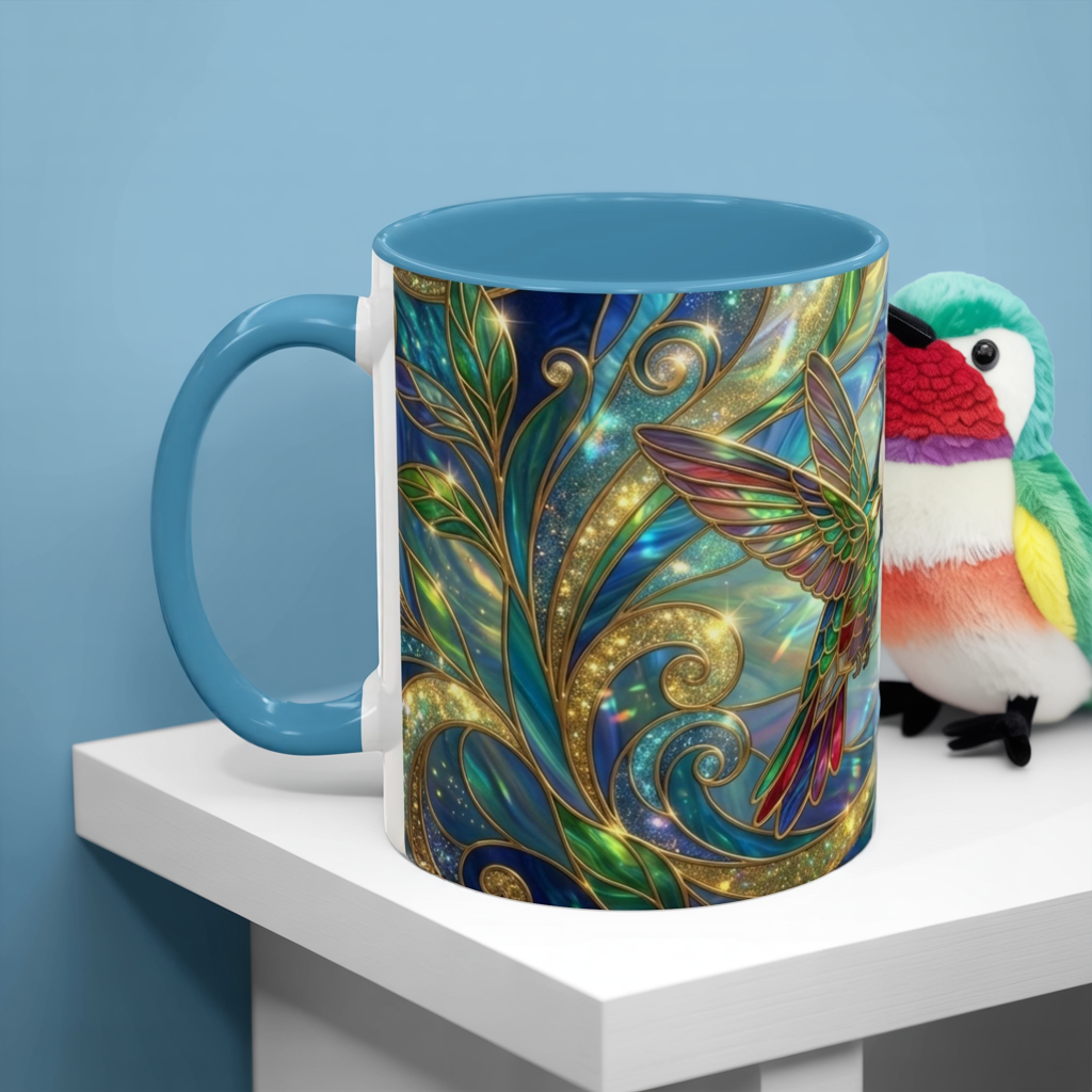 Stained Glass Hummingbird Mug, Colorful Floral Coffee Cup, Bird And Flower Art Mug, Nature Lover Gift, Artistic Garden Mug, Unique Gift