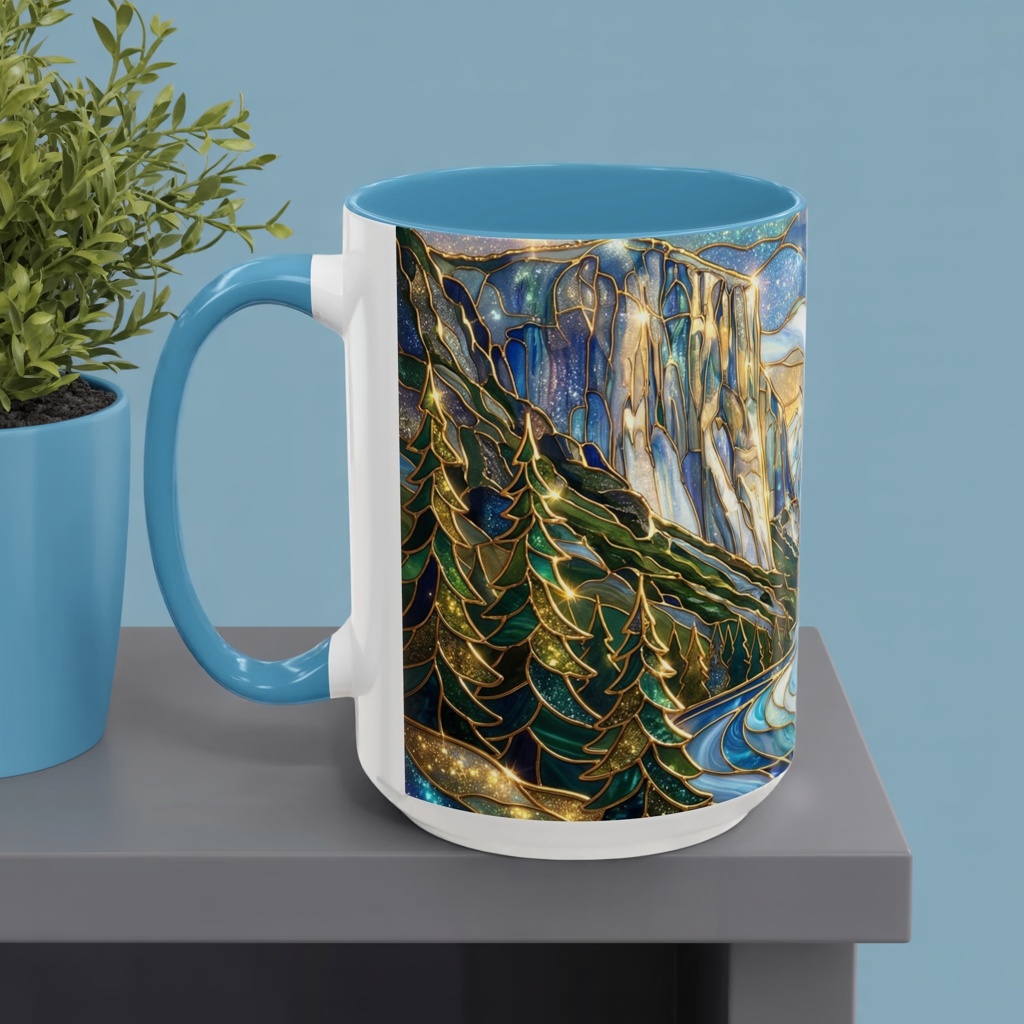 Stained Glass Yosemite Mug, Yosemite Mountain Coffee Cup, Waterfall Landscape Art Mug, Scenic Nature Mug, Yosemite Gift, Outdoor Lover Gift