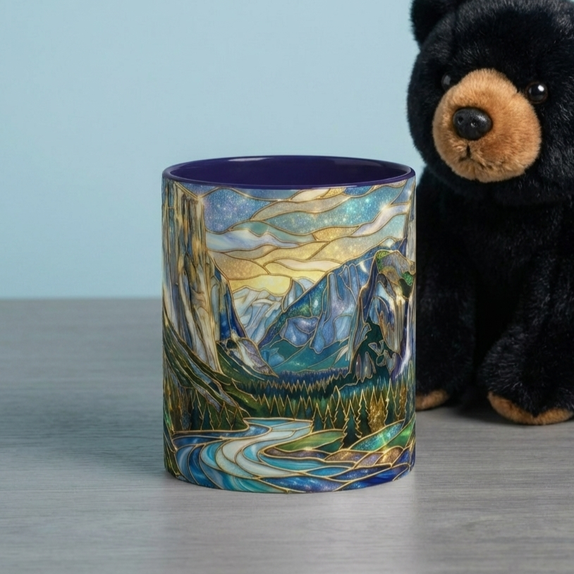 Stained Glass Yosemite Mug, Yosemite Mountain Coffee Cup, Waterfall Landscape Art Mug, Scenic Nature Mug, Yosemite Gift, Outdoor Lover Gift
