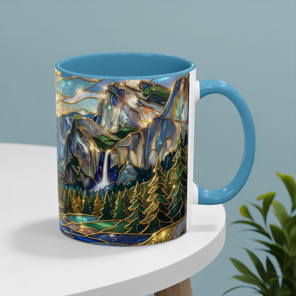 Stained Glass Yosemite Mug, Yosemite Mountain Coffee Cup, Waterfall Landscape Art Mug, Scenic Nature Mug, Yosemite Gift, Outdoor Lover Gift