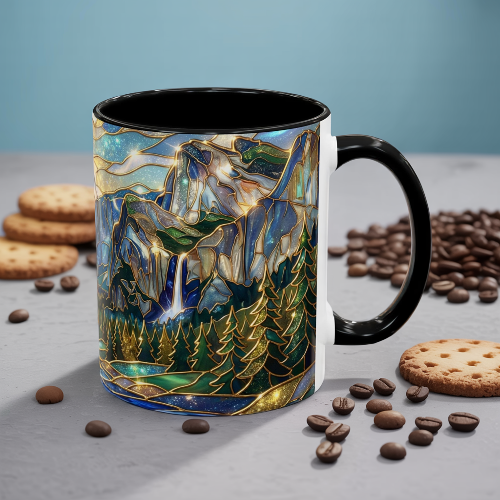 Stained Glass Yosemite Mug, Yosemite Mountain Coffee Cup, Waterfall Landscape Art Mug, Scenic Nature Mug, Yosemite Gift, Outdoor Lover Gift