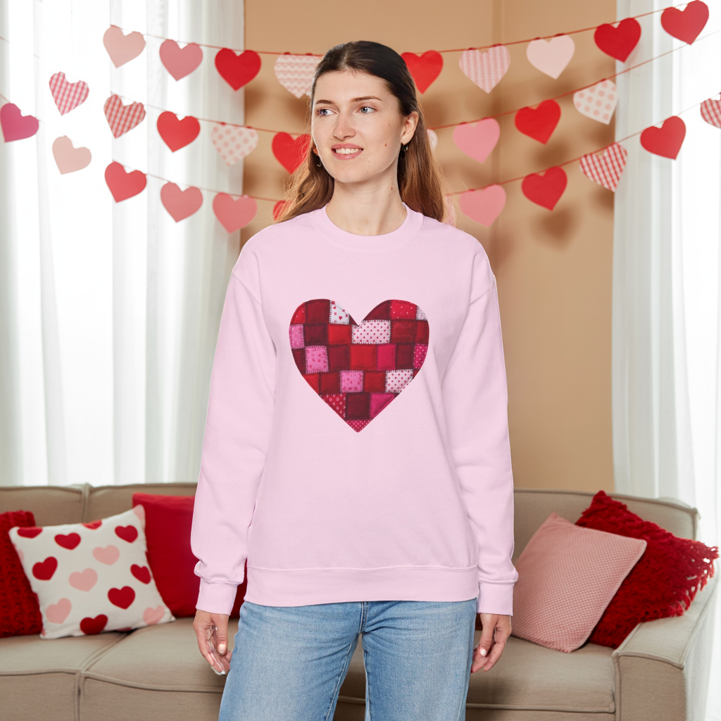Faux Patchwork Heart Sweatshirt, Quilted Look Heart Pullover, Cozy Valentine Crewneck, Handmade Style Sweatshirt, Love Heart Shirt, Valentine Gift
