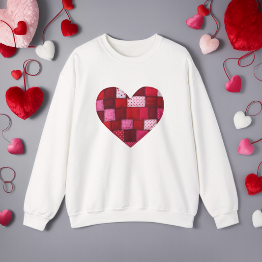 Faux Patchwork Heart Sweatshirt, Quilted Look Heart Pullover, Cozy Valentine Crewneck, Handmade Style Sweatshirt, Love Heart Shirt, Valentine Gift
