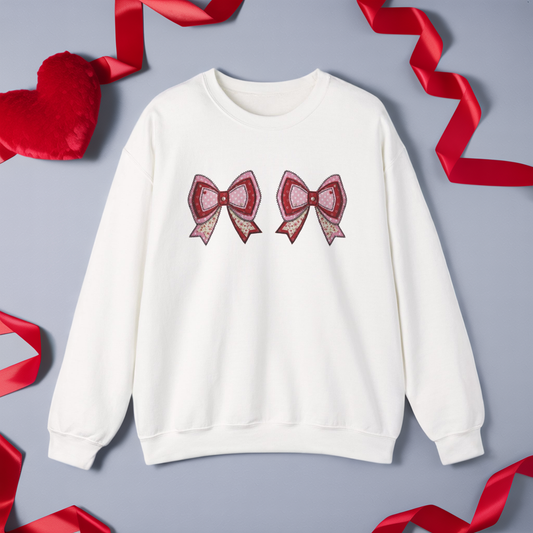 Faux Patchwork Bow Sweatshirt, Quilted Look Bow Crewneck, Pink Bow Pullover, Cozy Cottagecore Sweatshirt, Girly Valentine Shirt