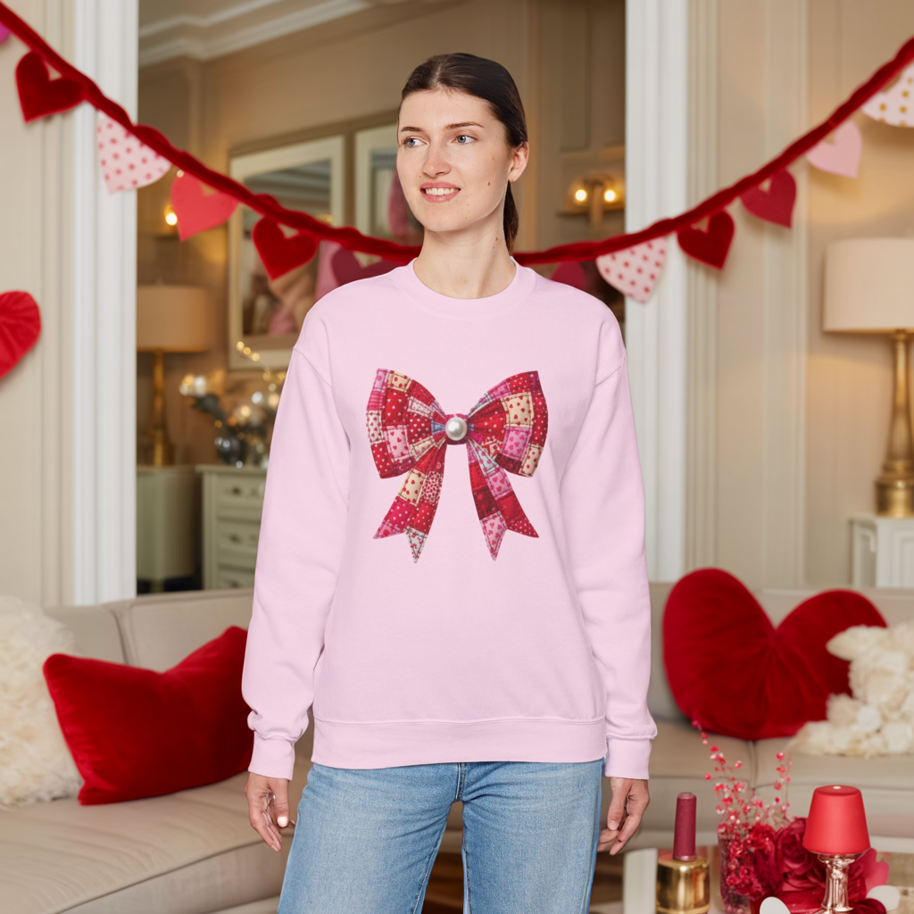 Faux Patchwork Bow Sweatshirt, Quilted Look Bow Crewneck, Pearl Bow Pullover, Cozy Coquette Sweatshirt, Girly Valentine Gift