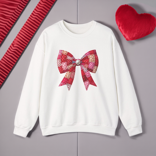 Faux Patchwork Bow Sweatshirt, Quilted Look Bow Crewneck, Pearl Bow Pullover, Cozy Coquette Sweatshirt, Girly Valentine Gift
