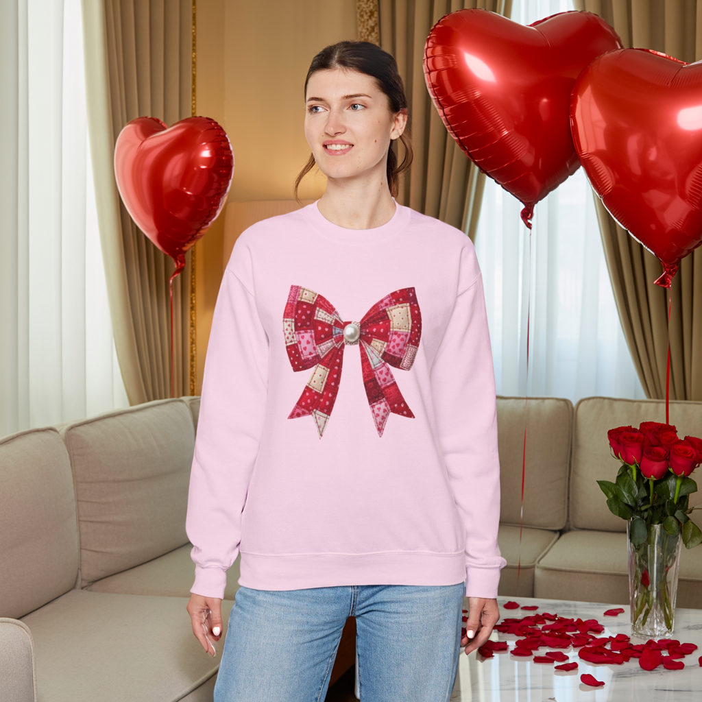 Faux Patchwork Bow Sweatshirt, Quilted Look Bow Crewneck, Pearl Center Bow Pullover, Cozy Coquette Sweatshirt, Girly Gift