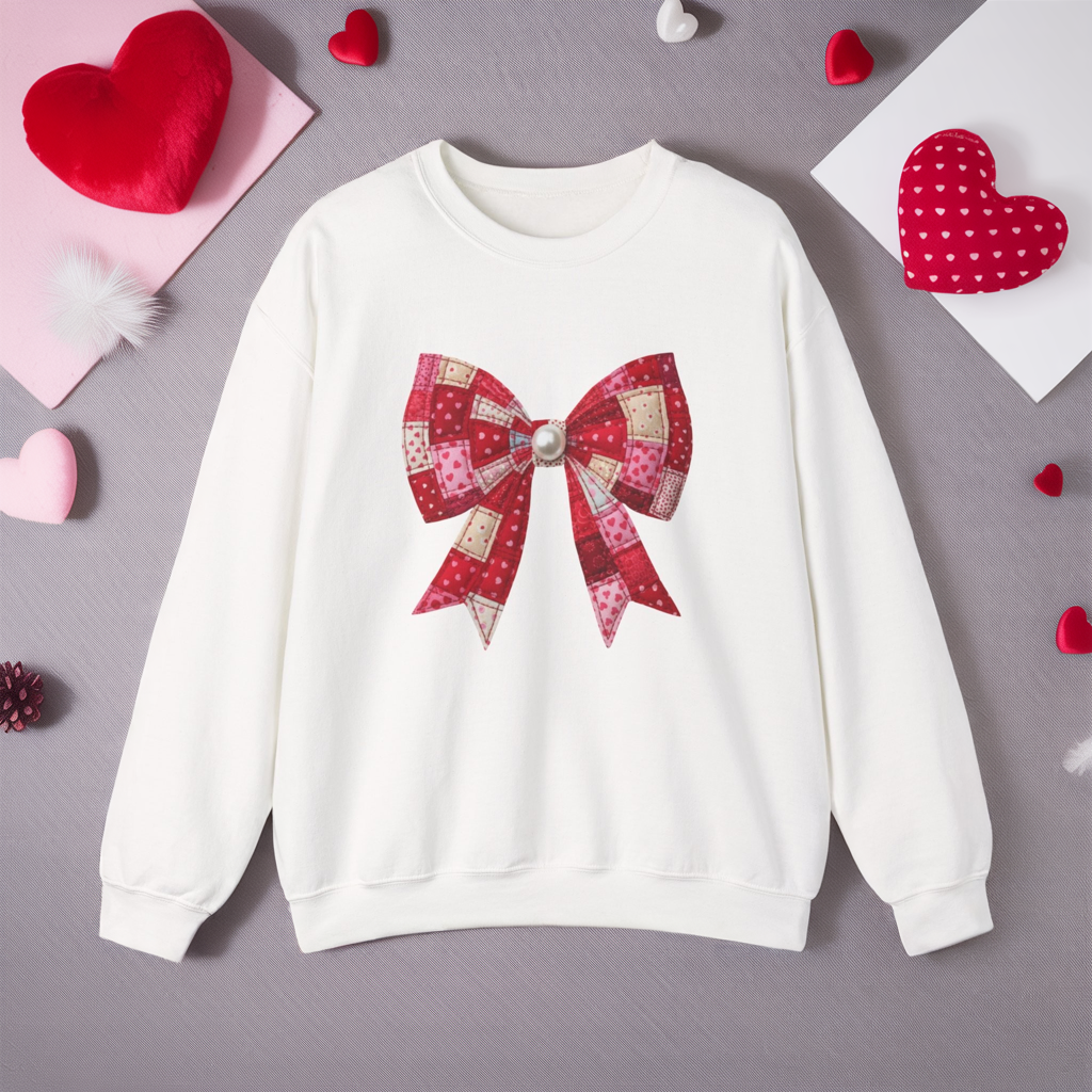 Faux Patchwork Bow Sweatshirt, Quilted Look Bow Crewneck, Pearl Center Bow Pullover, Cozy Coquette Sweatshirt, Girly Gift