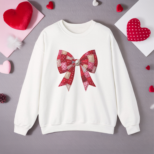 Faux Patchwork Bow Sweatshirt, Quilted Look Bow Crewneck, Pearl Center Bow Pullover, Cozy Coquette Sweatshirt, Girly Gift