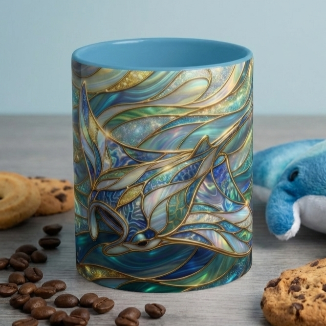 Stained Glass Manta Ray Mug, Ocean Coffee Cup, Manta Ray Art Mug, Nautical Gift, Coastal Decor Mug, Marine Life Coffee Cup