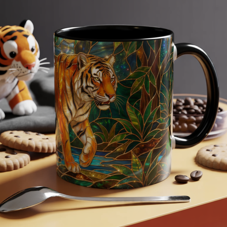 Stained Glass Tiger Mug, Tiger Coffee Cup, Wildlife Art Mug, Jungle Tiger Gift, Animal Lover Mug, Nature Inspired Coffee Cup