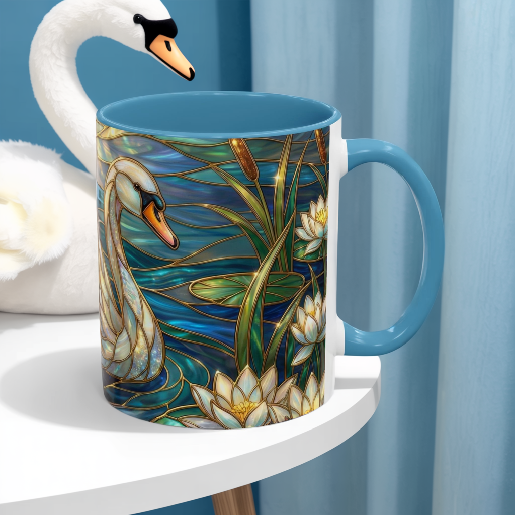Stained Glass Swan Mug, Swan Coffee Cup, Elegant Swan Art Mug, Nature Decor Gift, Lake Swan Mug, Serene Animal Coffee Cup