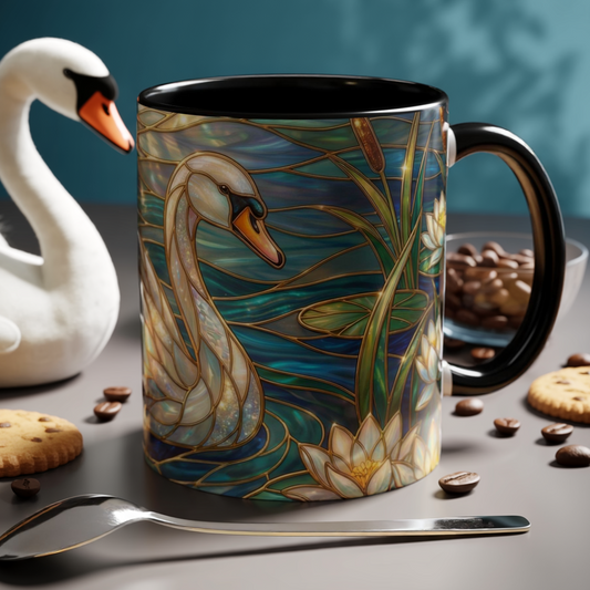 Stained Glass Swan Mug, Swan Coffee Cup, Elegant Swan Art Mug, Nature Decor Gift, Lake Swan Mug, Serene Animal Coffee Cup