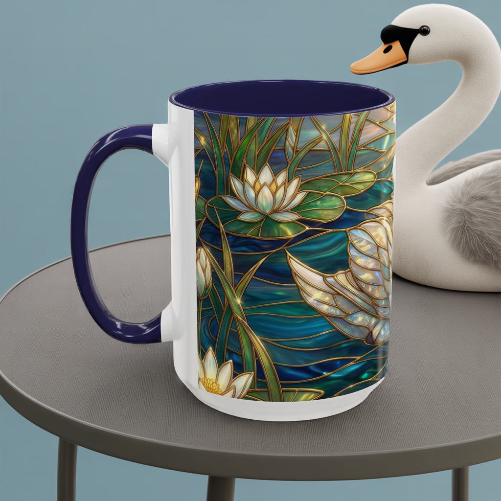 Stained Glass Swan Mug, Swan Coffee Cup, Elegant Swan Art Mug, Nature Decor Gift, Lake Swan Mug, Serene Animal Coffee Cup