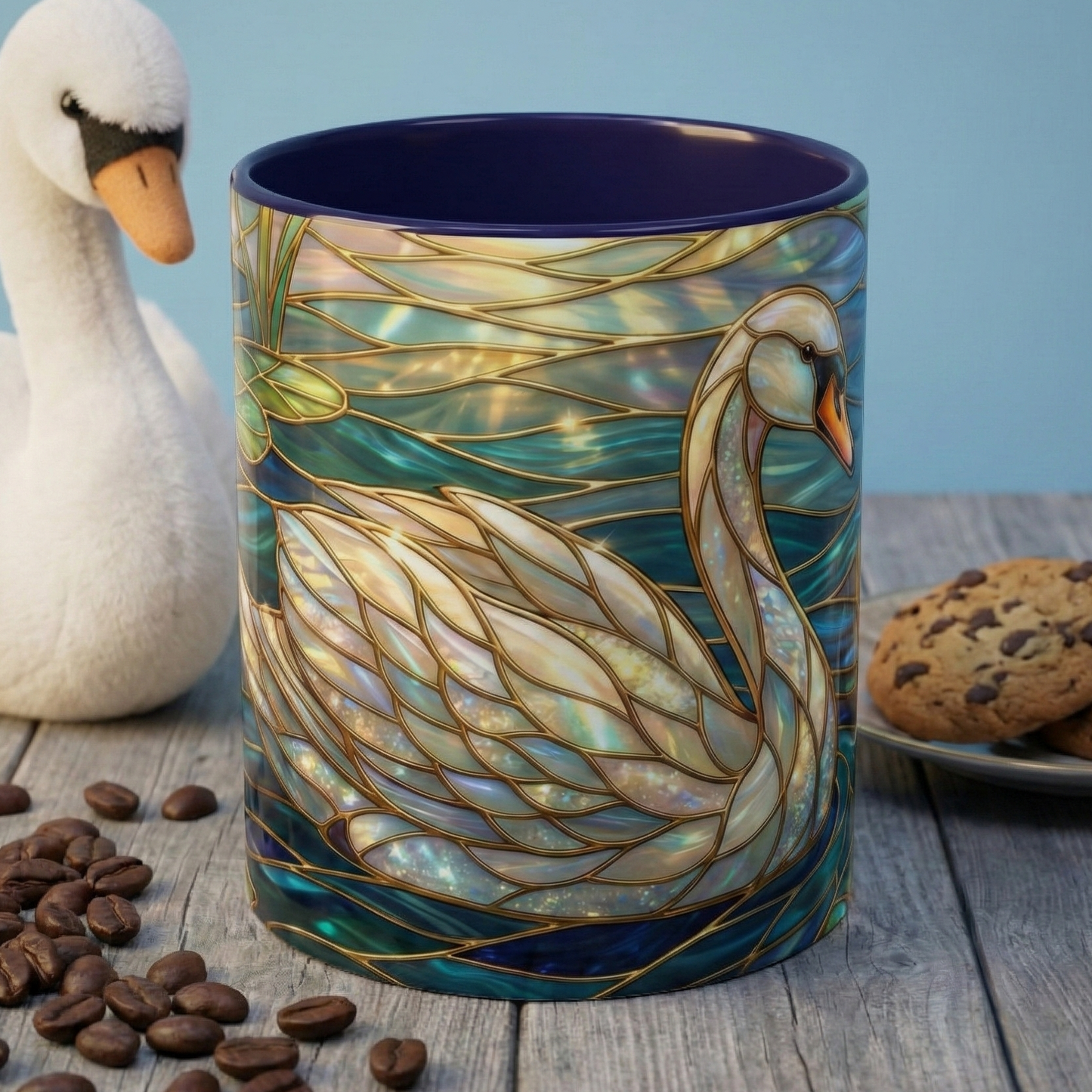 Stained Glass Swan Mug, Swan Coffee Cup, Elegant Swan Art Mug, Nature Decor Gift, Lake Swan Mug, Serene Animal Coffee Cup
