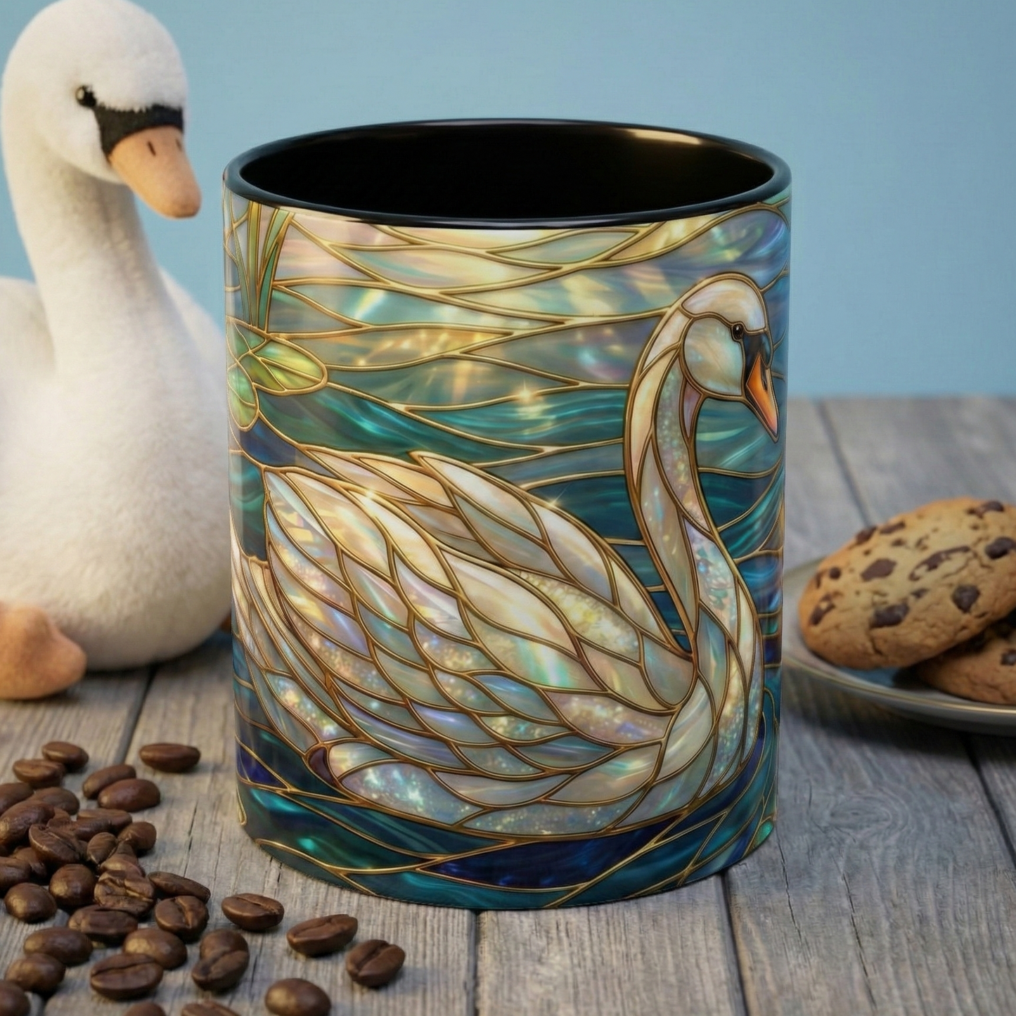 Stained Glass Swan Mug, Swan Coffee Cup, Elegant Swan Art Mug, Nature Decor Gift, Lake Swan Mug, Serene Animal Coffee Cup