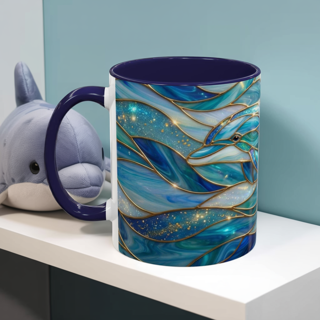 Stained Glass Dolphin Mug, Dolphin Coffee Cup, Ocean Art Mug, Sea Life Gift, Nautical Decor Mug, Coastal Dolphin Lover Gift