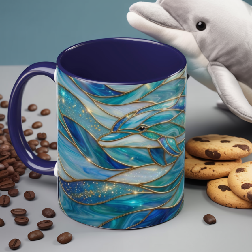 Stained Glass Dolphin Mug, Dolphin Coffee Cup, Ocean Art Mug, Sea Life Gift, Nautical Decor Mug, Coastal Dolphin Lover Gift