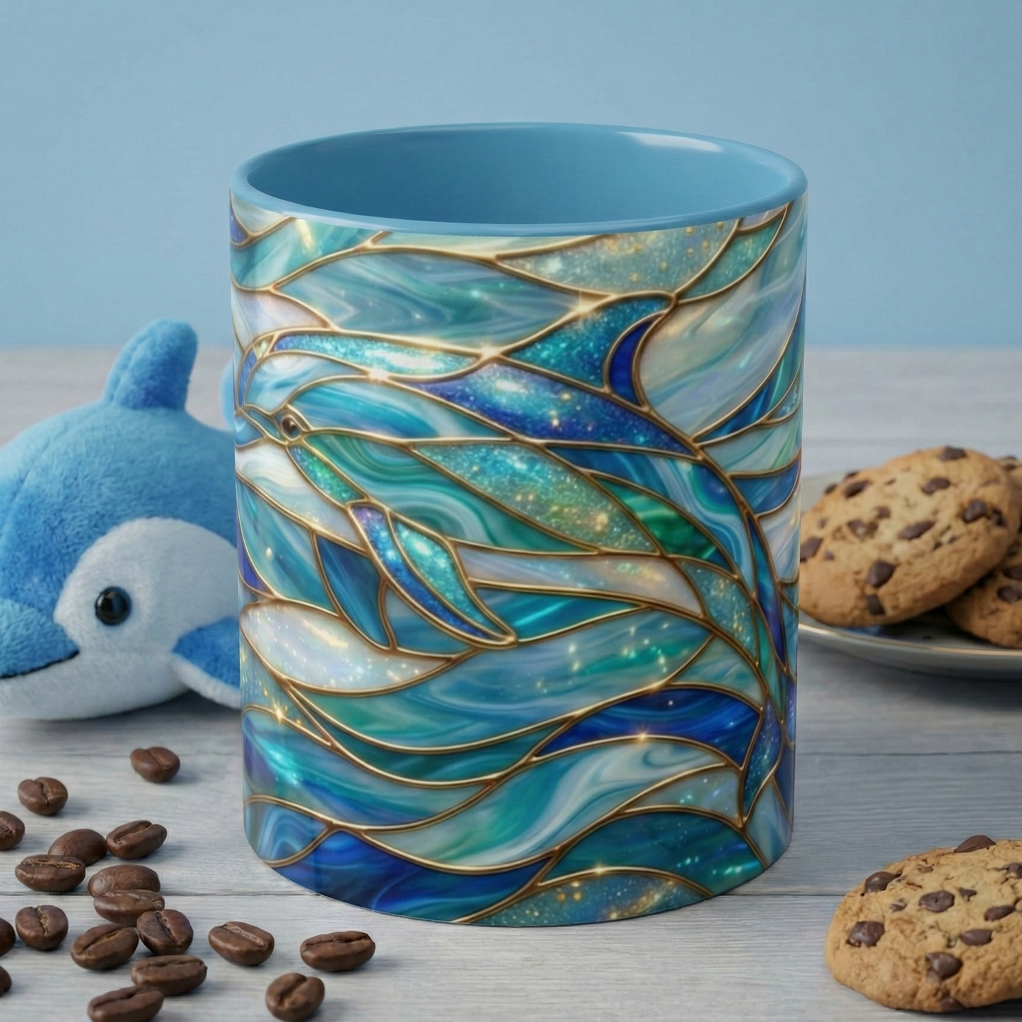 Stained Glass Dolphin Mug, Dolphin Coffee Cup, Ocean Art Mug, Sea Life Gift, Nautical Decor Mug, Coastal Dolphin Lover Gift