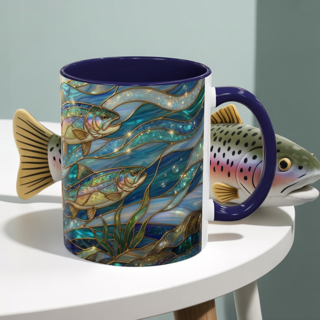Stained Glass Fish Mug, Fishing Coffee Mug, Trout Art Mug, Fisherman Gift Cup, Wildlife Nature Mug, Angler Gift Mug