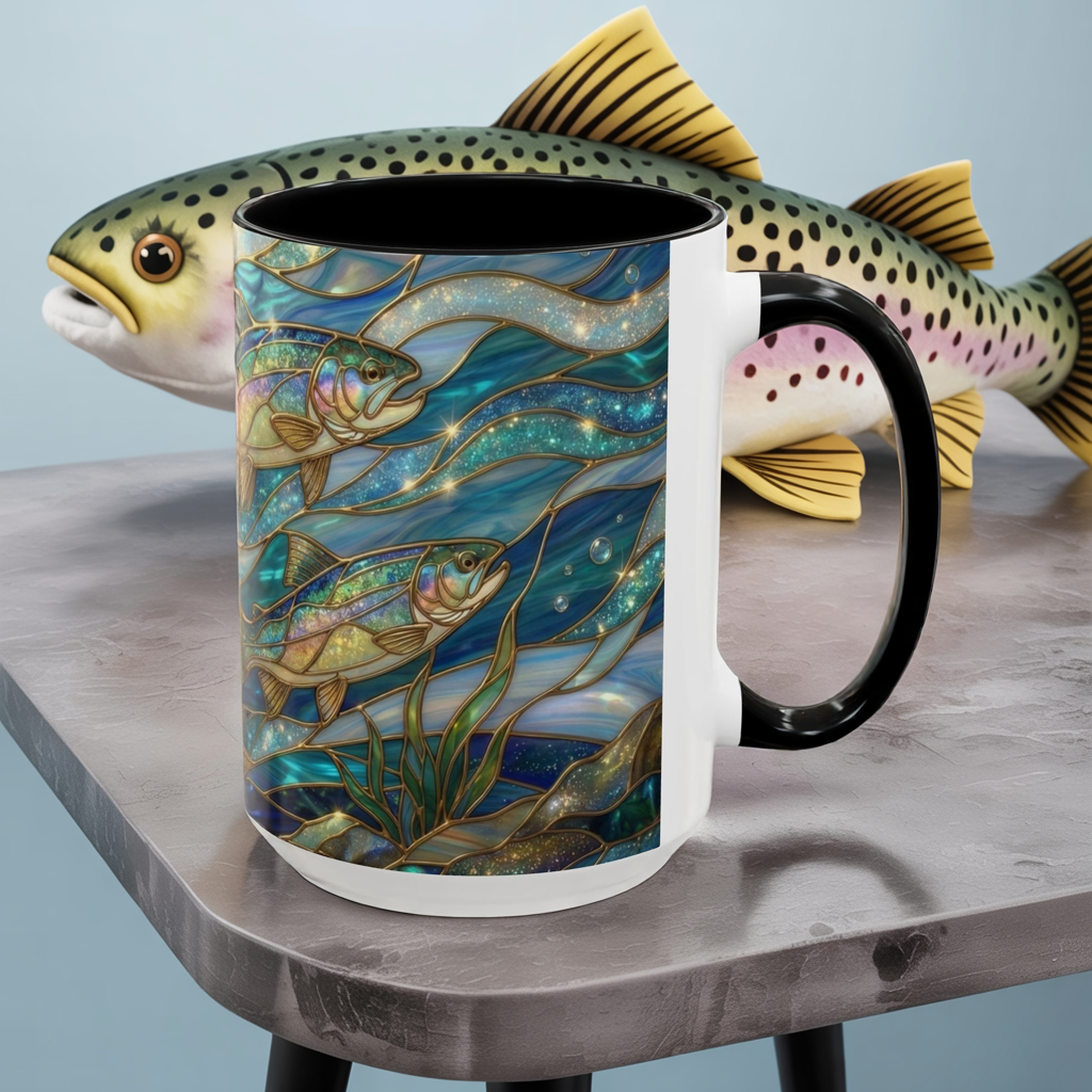 Stained Glass Fish Mug, Fishing Coffee Mug, Trout Art Mug, Fisherman Gift Cup, Wildlife Nature Mug, Angler Gift Mug