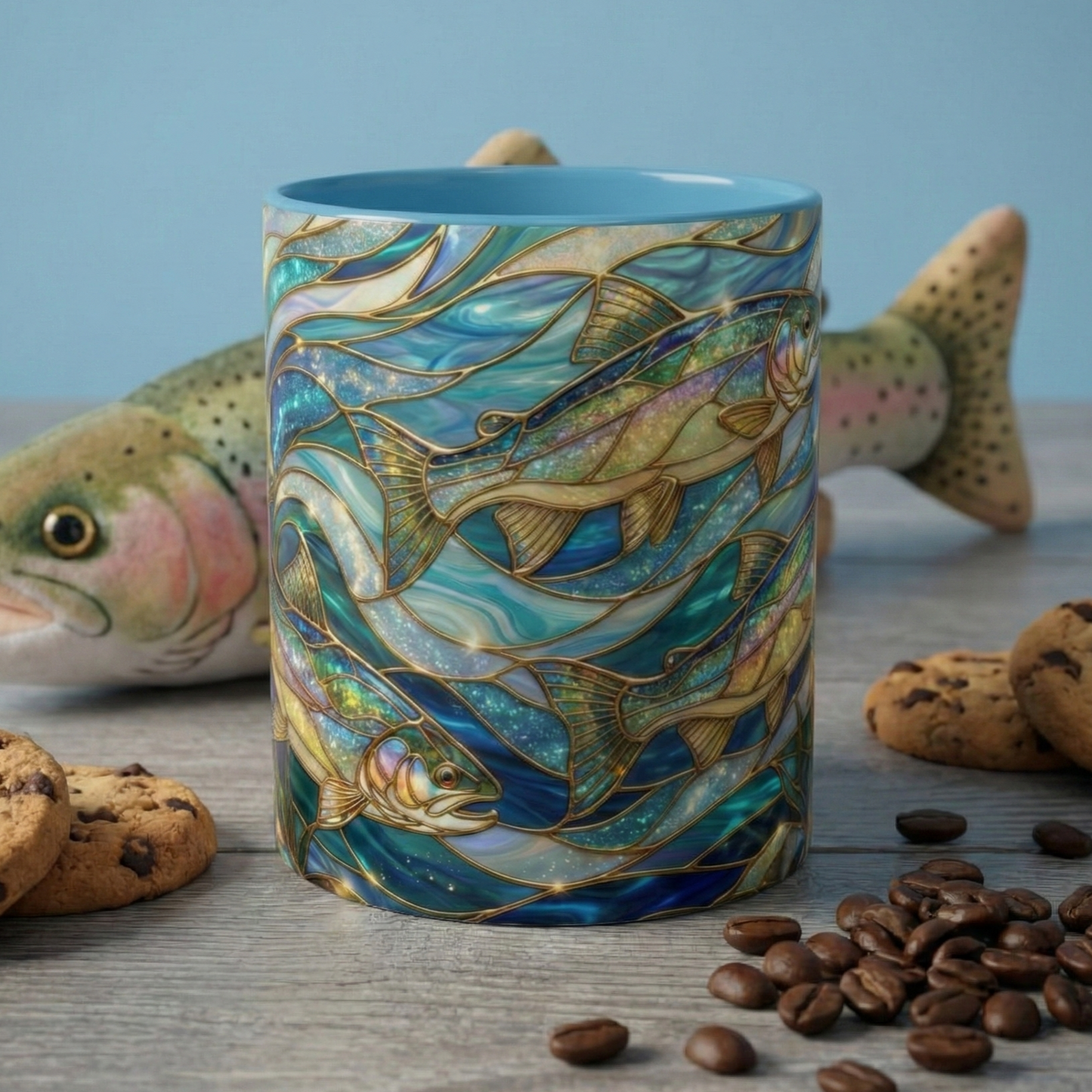 Stained Glass Fish Mug, Fishing Coffee Mug, Trout Art Mug, Fisherman Gift Cup, Wildlife Nature Mug, Angler Gift Mug