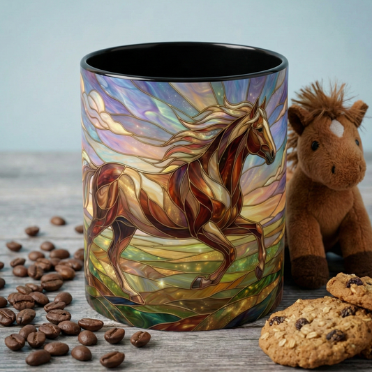 Stained Glass Horse Mug, Horse Coffee Mug, Running Horse Art Cup, Equestrian Gift Mug, Nature Art Mug, Horse Lover Gift