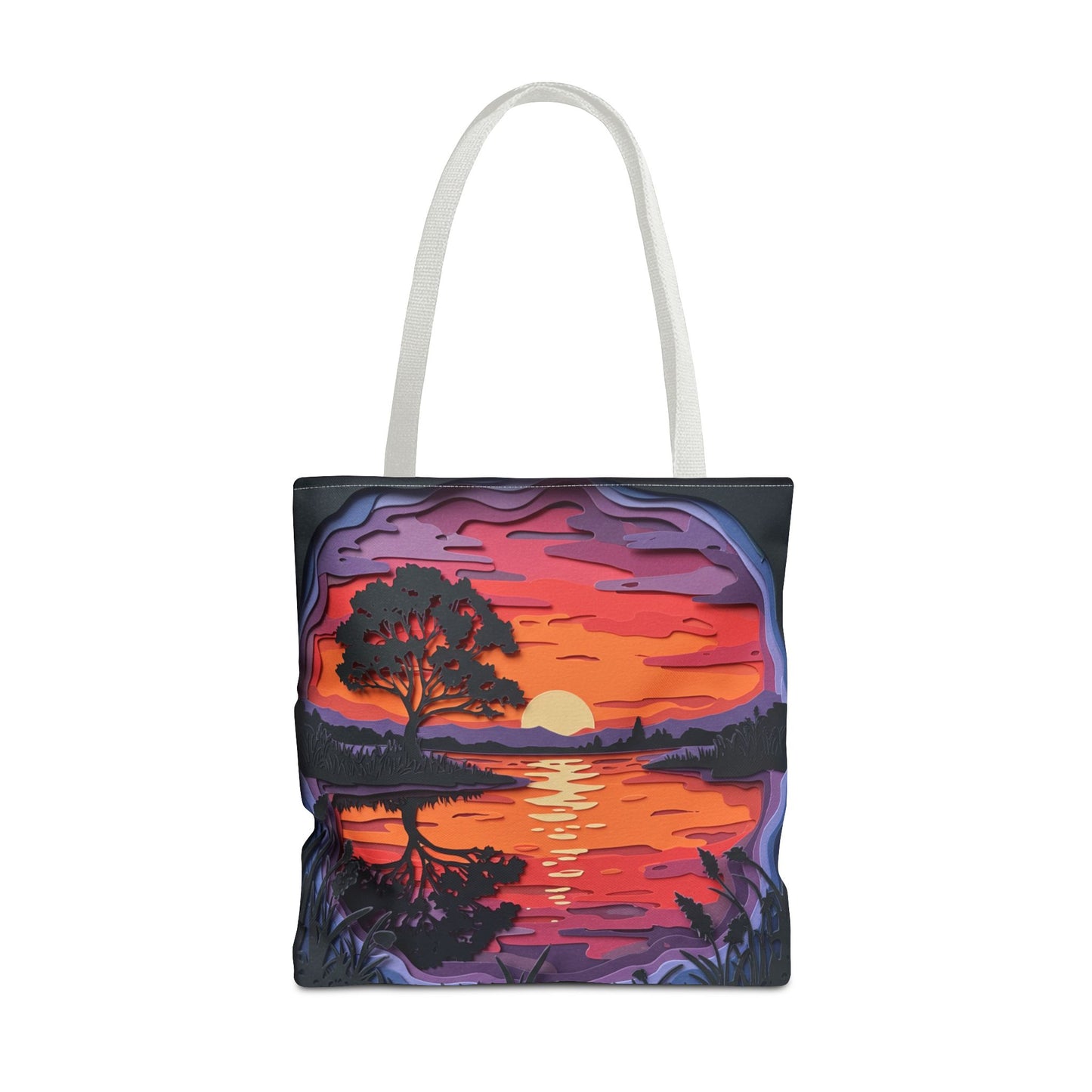 Sunset Landscape Canvas Tote Bag – Paper‑Art Inspired Nature Scene Tote – Colorful Sunset Market Tote, Eco Reusable Beach Bag, Vibrant Gift for Her