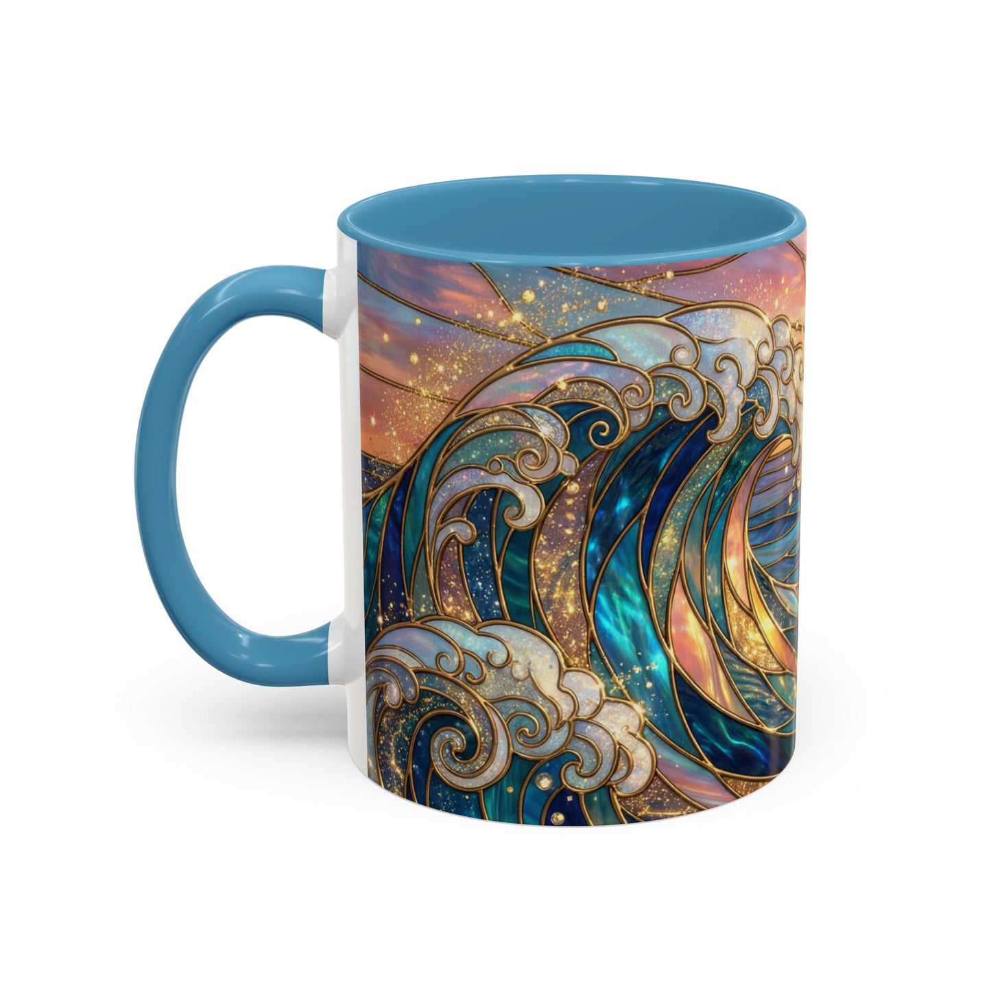 Stained Glass Ocean Wave Mug, Sunrise Beach Coffee Cup, Japanese Art Gift, Coastal Decor Kitchen, Mosaic Sea Tea Cup, Blue Gold Nature Lover