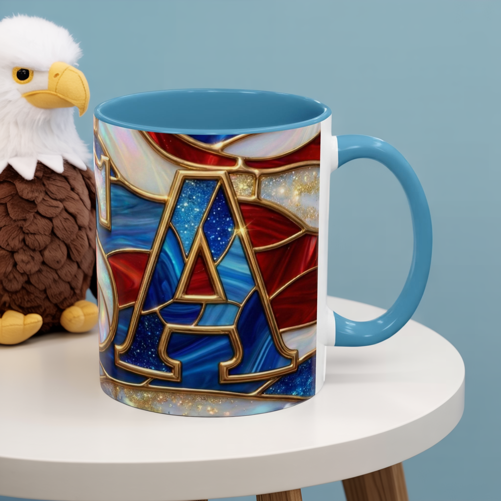 USA Patriotic Coffee Mug, Stained Glass USA Mug, Red White Blue Ceramic Mug, American Flag Style Mug, 11oz 15oz Mug