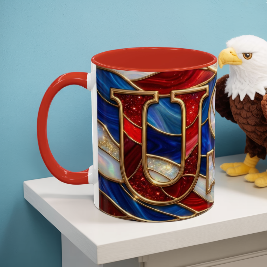 USA Patriotic Coffee Mug, Stained Glass USA Mug, Red White Blue Ceramic Mug, American Flag Style Mug, 11oz 15oz Mug