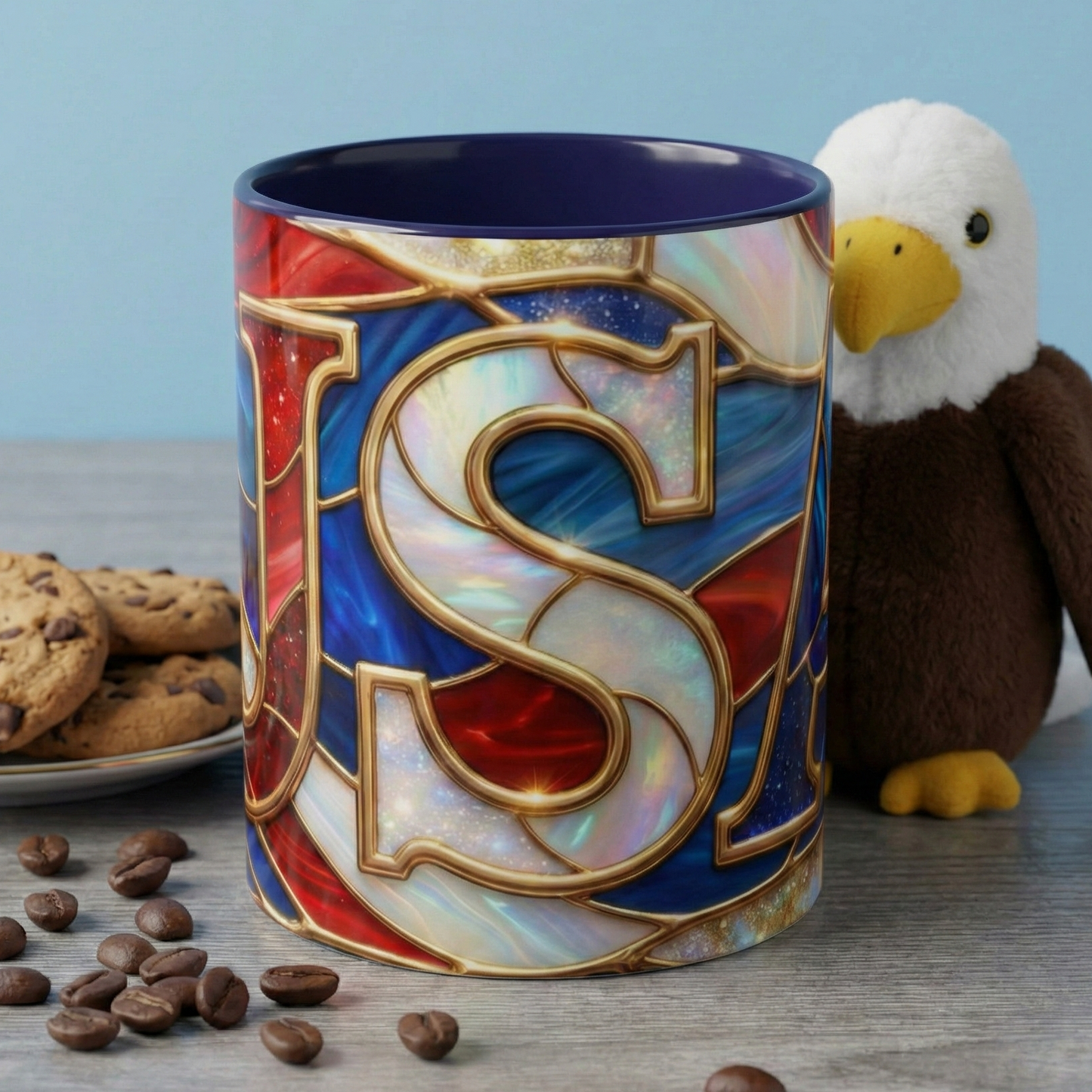 USA Patriotic Coffee Mug, Stained Glass USA Mug, Red White Blue Ceramic Mug, American Flag Style Mug, 11oz 15oz Mug