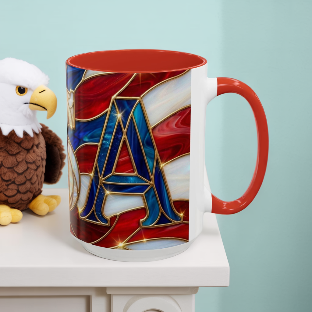 USA Patriotic Coffee Mug, Stained Glass USA Mug, Red White Blue Ceramic Mug, American Flag Style Mug, 11oz 15oz Mug