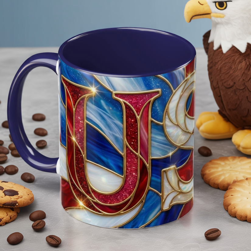 USA Patriotic Coffee Mug, Stained Glass USA Mug, Red White Blue Ceramic Mug, American Flag Style Mug, 11oz 15oz Mug
