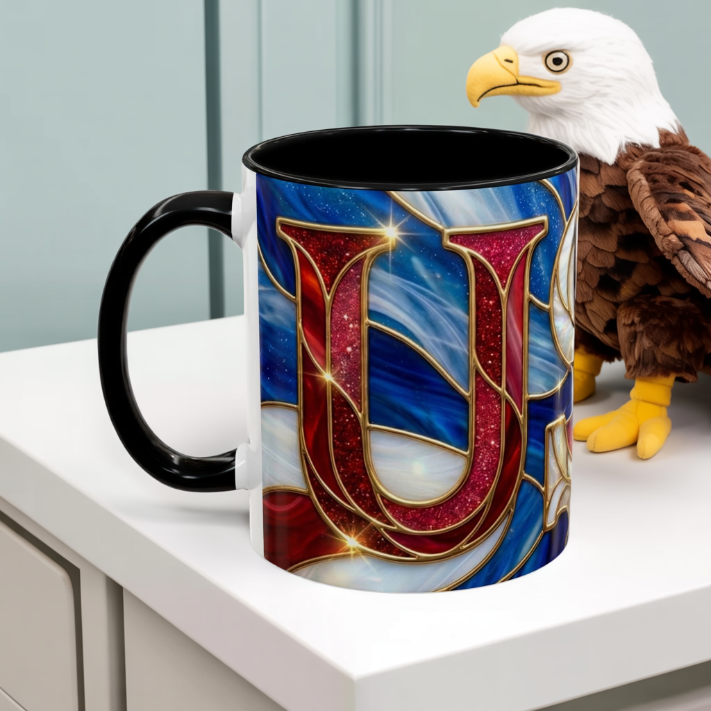 USA Patriotic Coffee Mug, Stained Glass USA Mug, Red White Blue Ceramic Mug, American Flag Style Mug, 11oz 15oz Mug